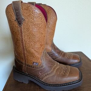 Justin Boots Brown Embossed Leather Women's Heeled Western Boots